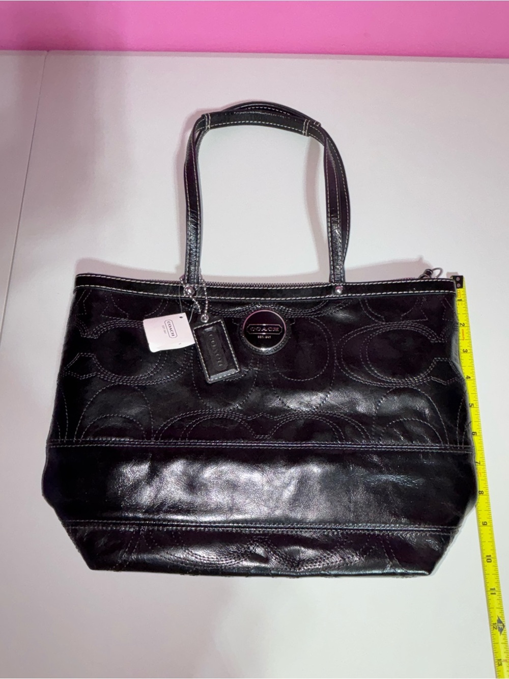 Coach Signature Stitched Patent Tote Black Leather Shoulder Bag NWT MSRP $328
